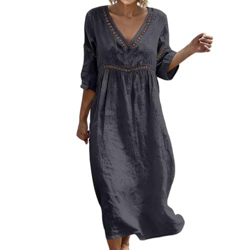 Women's Floral Print Ruched Midi Dress with Deep V-Neck and Five-Quarter Sleeves