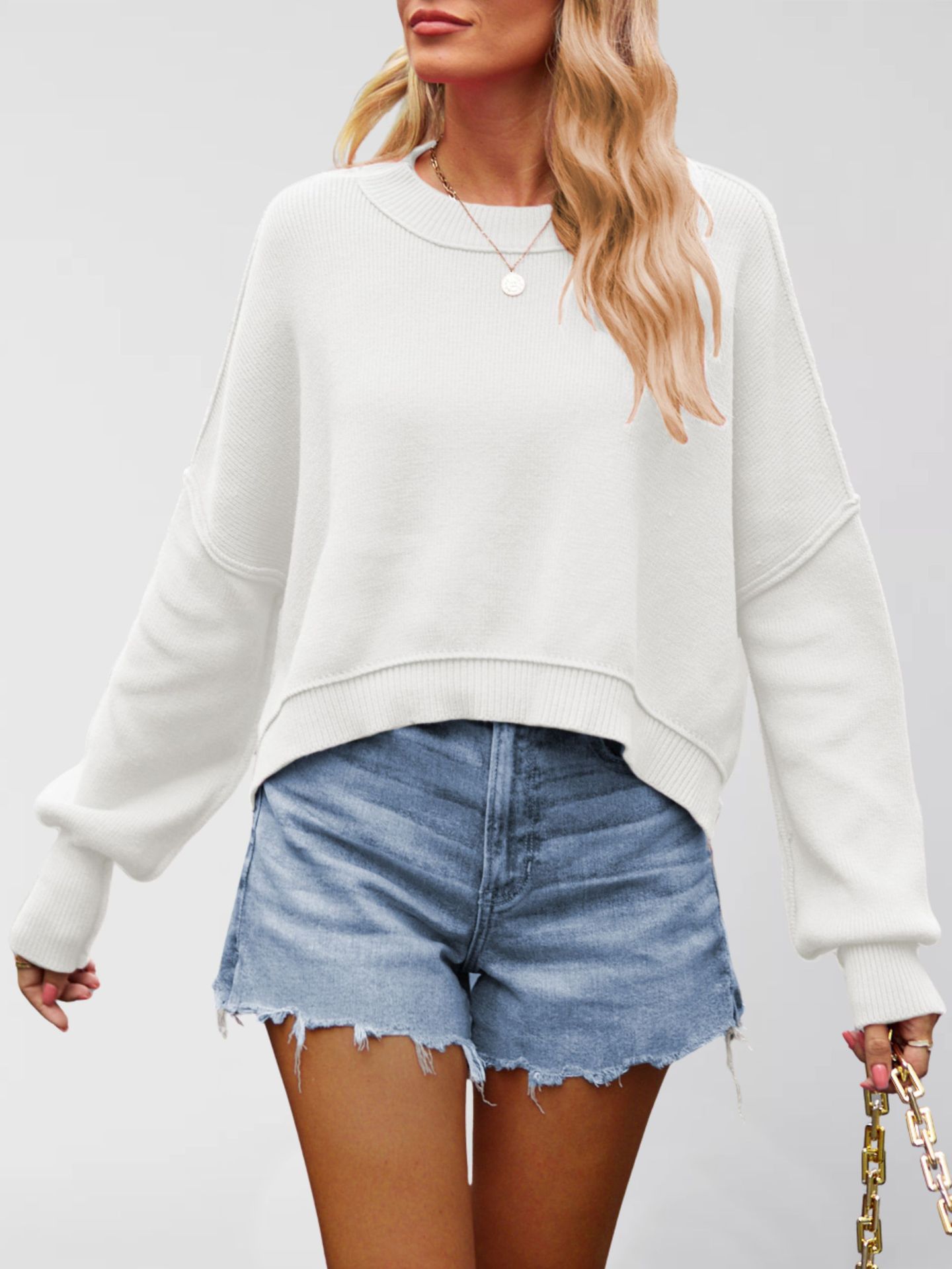 Women's Solid Crewneck Knit Sweater Loose Pullover Lantern Sleeve