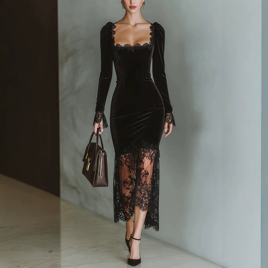 French Lace Panel Bodycon Midi Dress Square Neck Long Sleeve