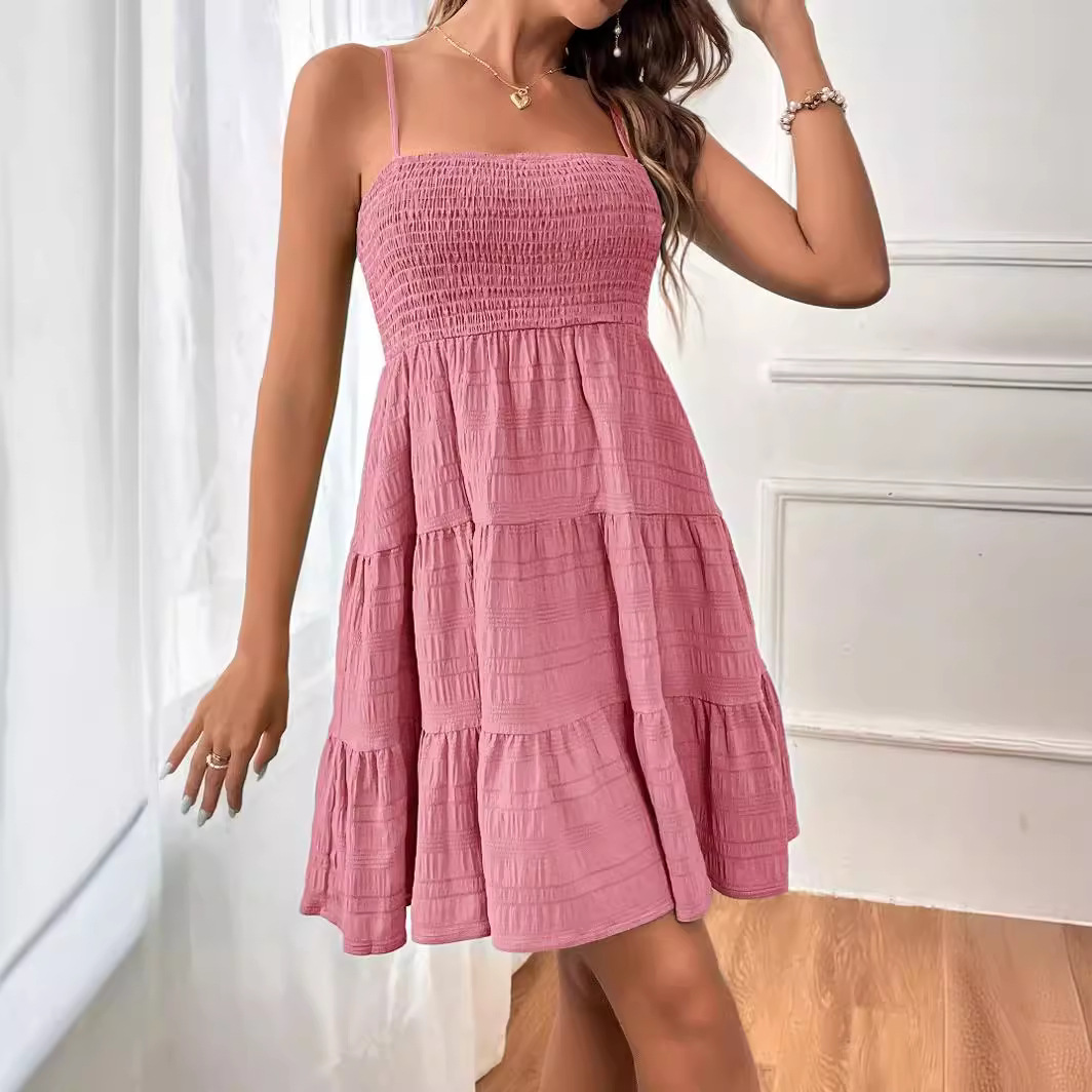 Women's Off-Shoulder Spaghetti Strap Textured Dress Solid Color