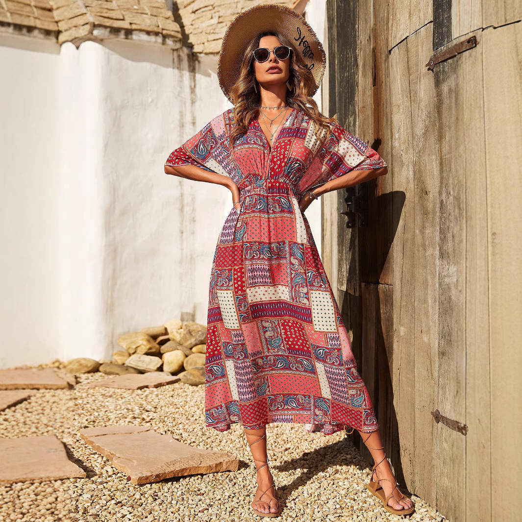 Women's Summer Floral Print Deep V-Neck Short Sleeve High Waist Maxi Dress