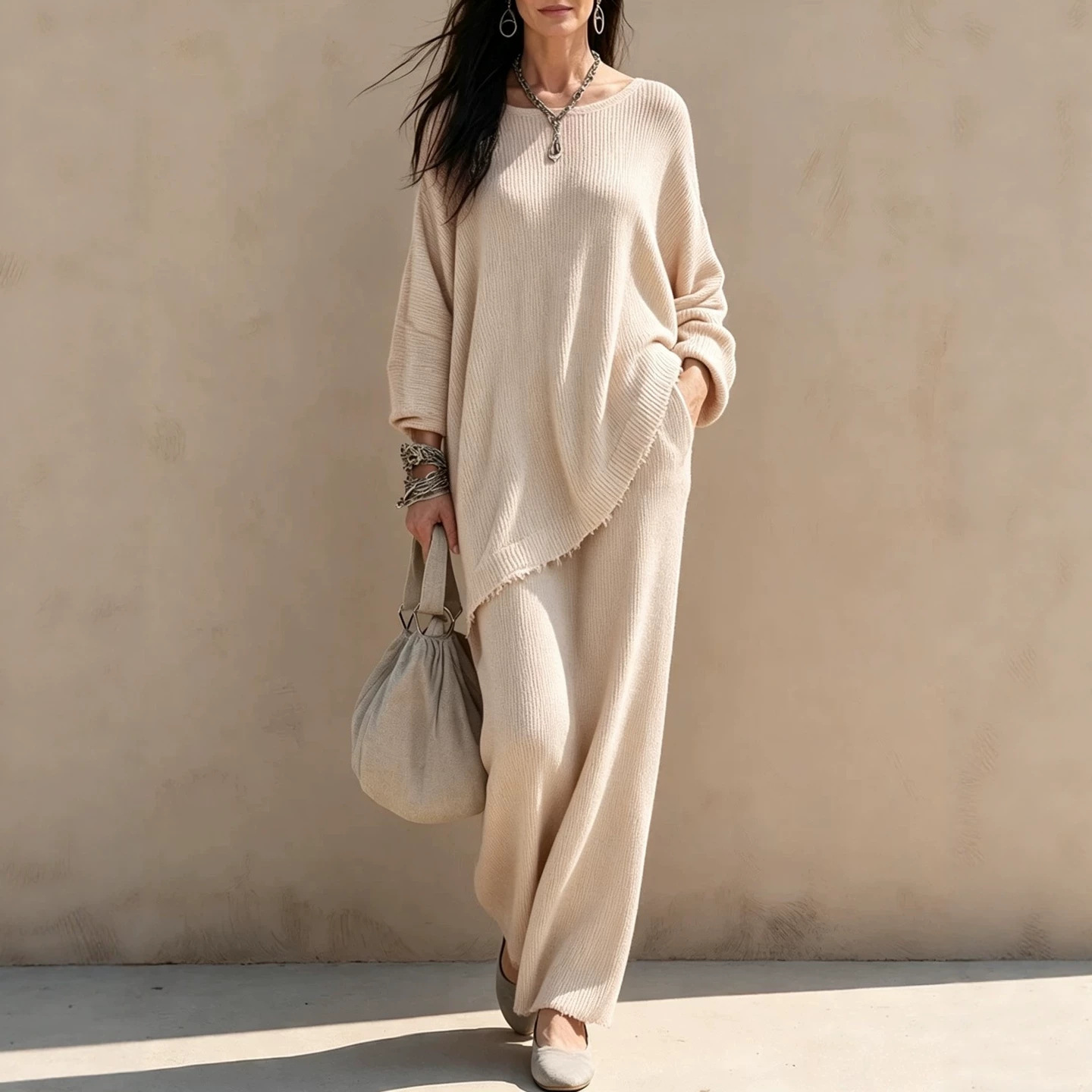 Women's Knit Two-Piece Sweater and High-Waist Midi Skirt Set