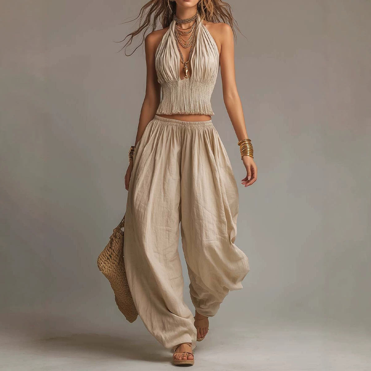 Bohemian Cotton-Linen Halter Smocked Crop Top and Lantern Pants Set