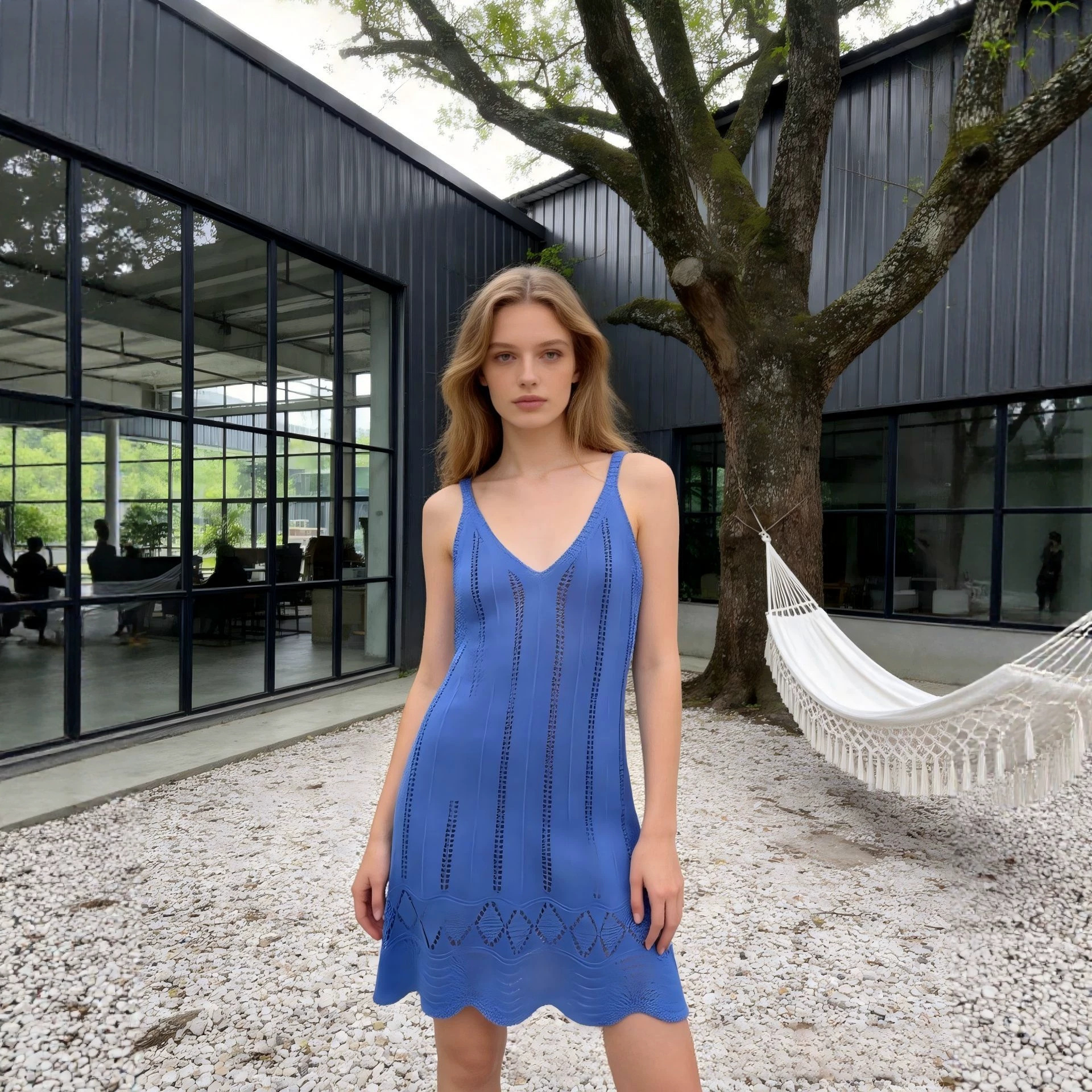 Blue Knit Cutout Sleeveless Beach Dress