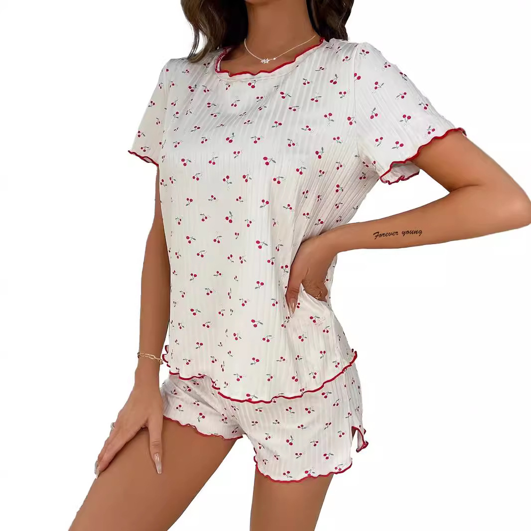 Cherry Print Short Sleeve & Shorts Loungewear Set for Women