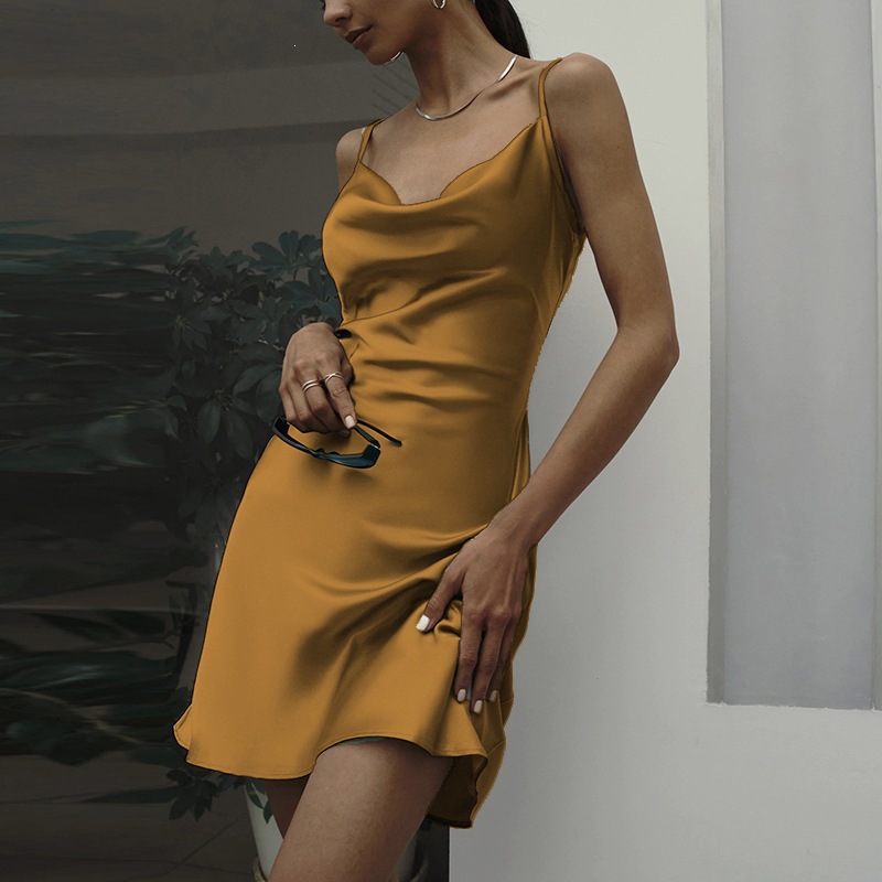 Elegant Satin Open-Back Cami Dress with Bow Collar