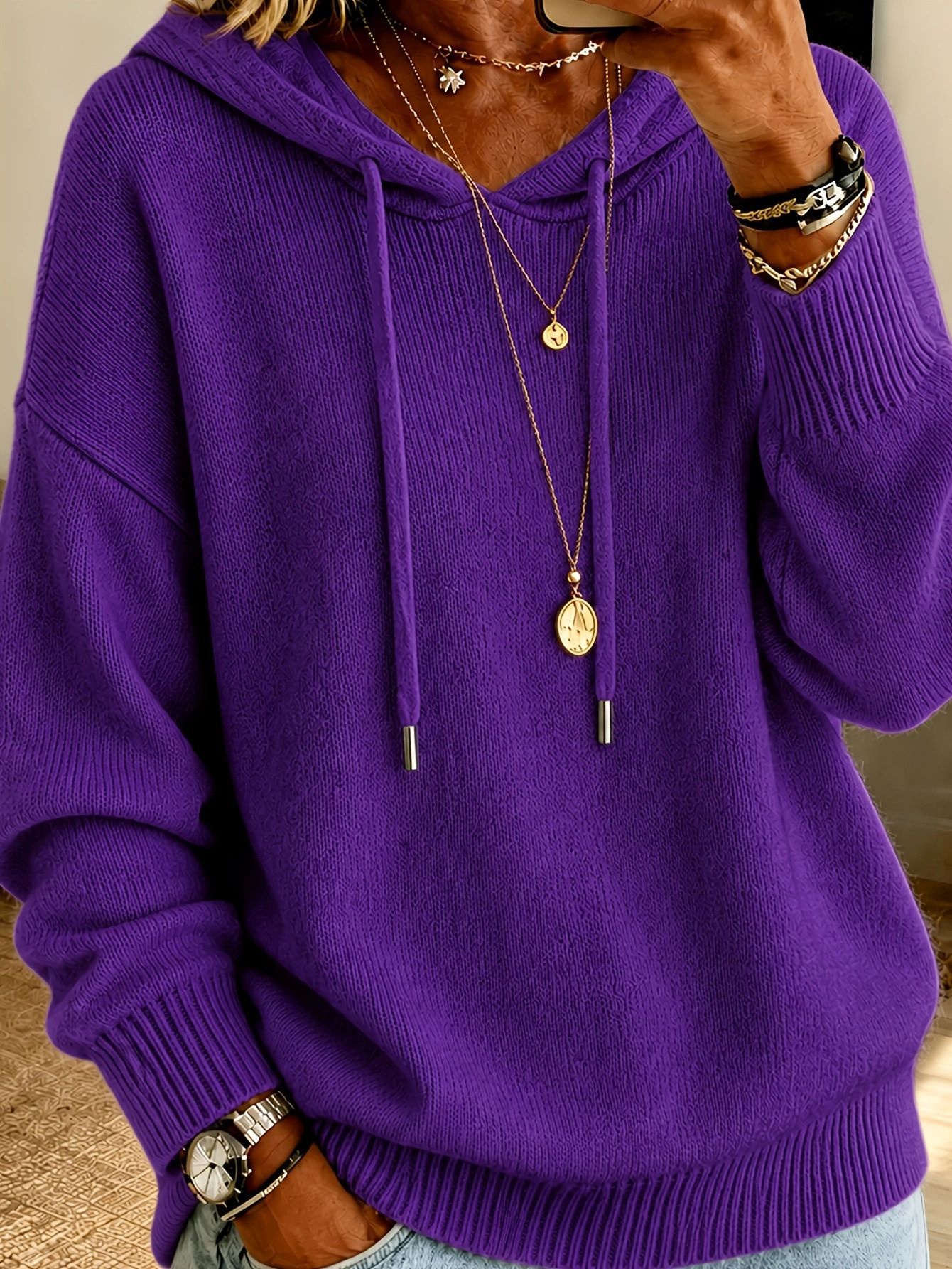 Women's Hooded Pullover Knit Sweater with Drawstring