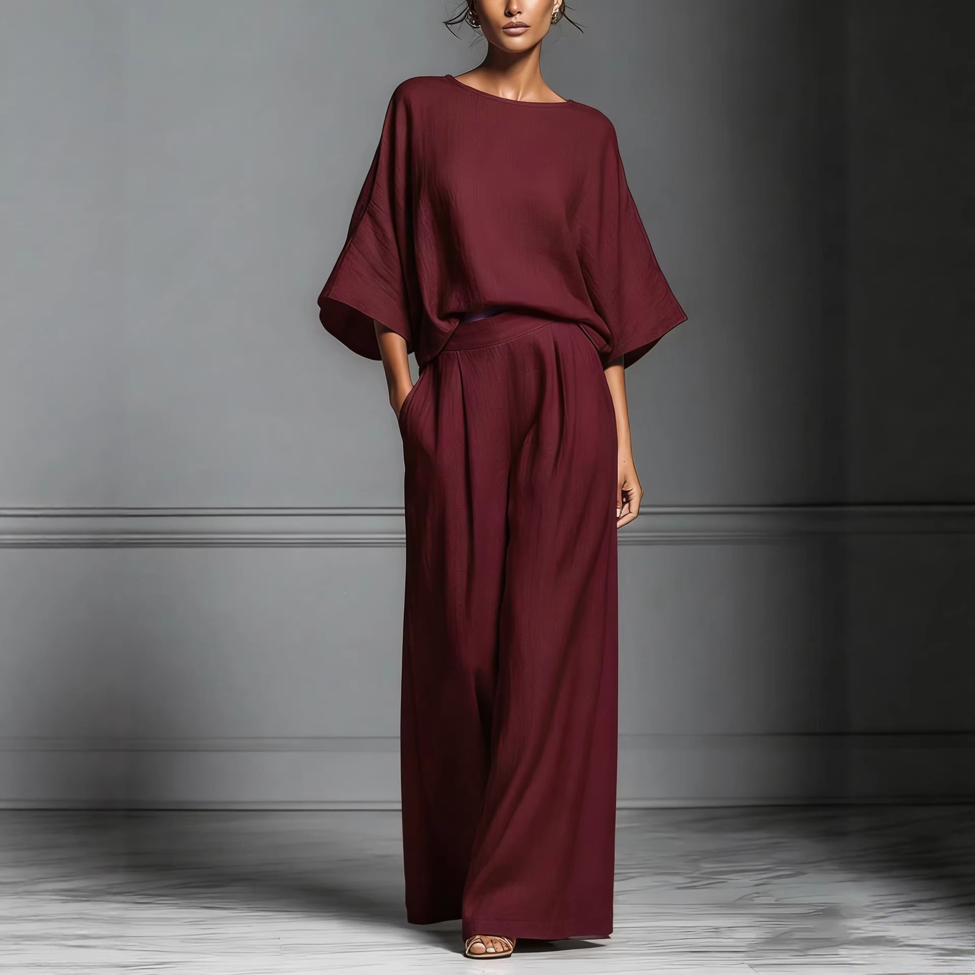 Women's Casual Flare-Sleeve Linen-Blend Two-Piece Set