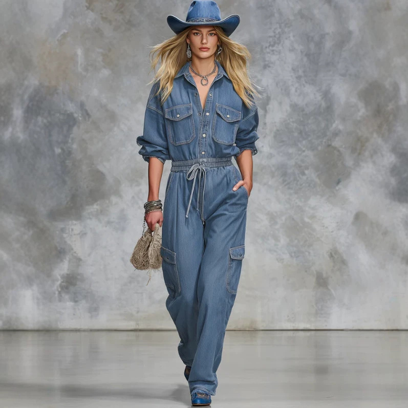 Western V-Neck Denim Jumpsuit Retro Casual Long Sleeve