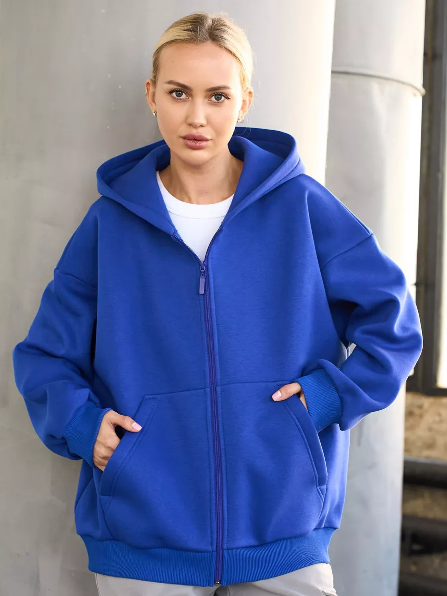 Solid Color Loose Fit Long Sleeve Zip-Up Hooded Sweatshirt Cardigan for Women