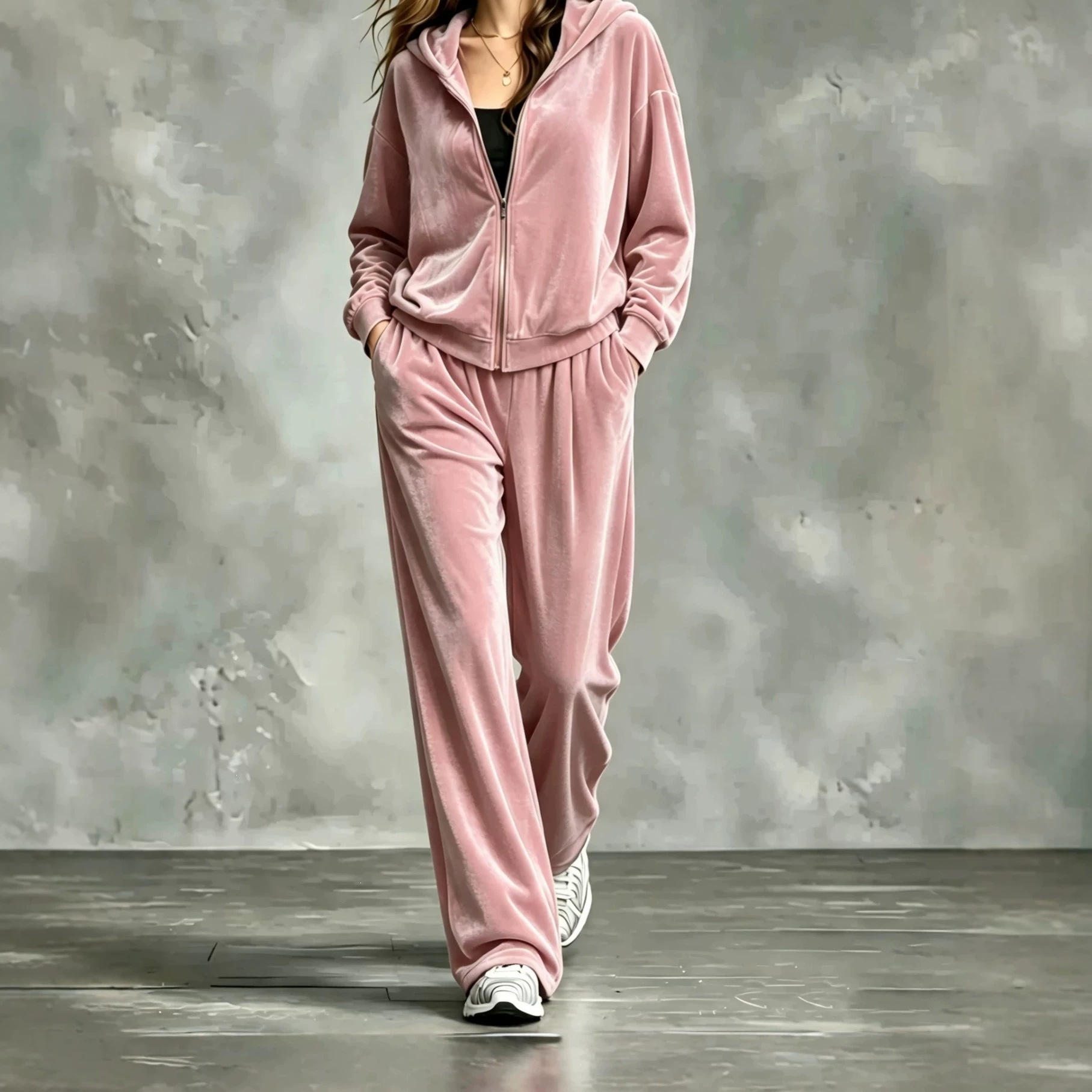 Women's Solid Zip-Up Hooded Two-Piece Sweatsuit Set