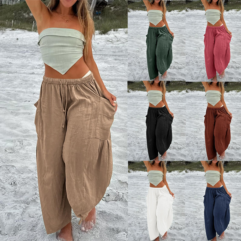Women's Elastic Waist Pleated Straight-Leg Cropped Pants Casual Loose Fit