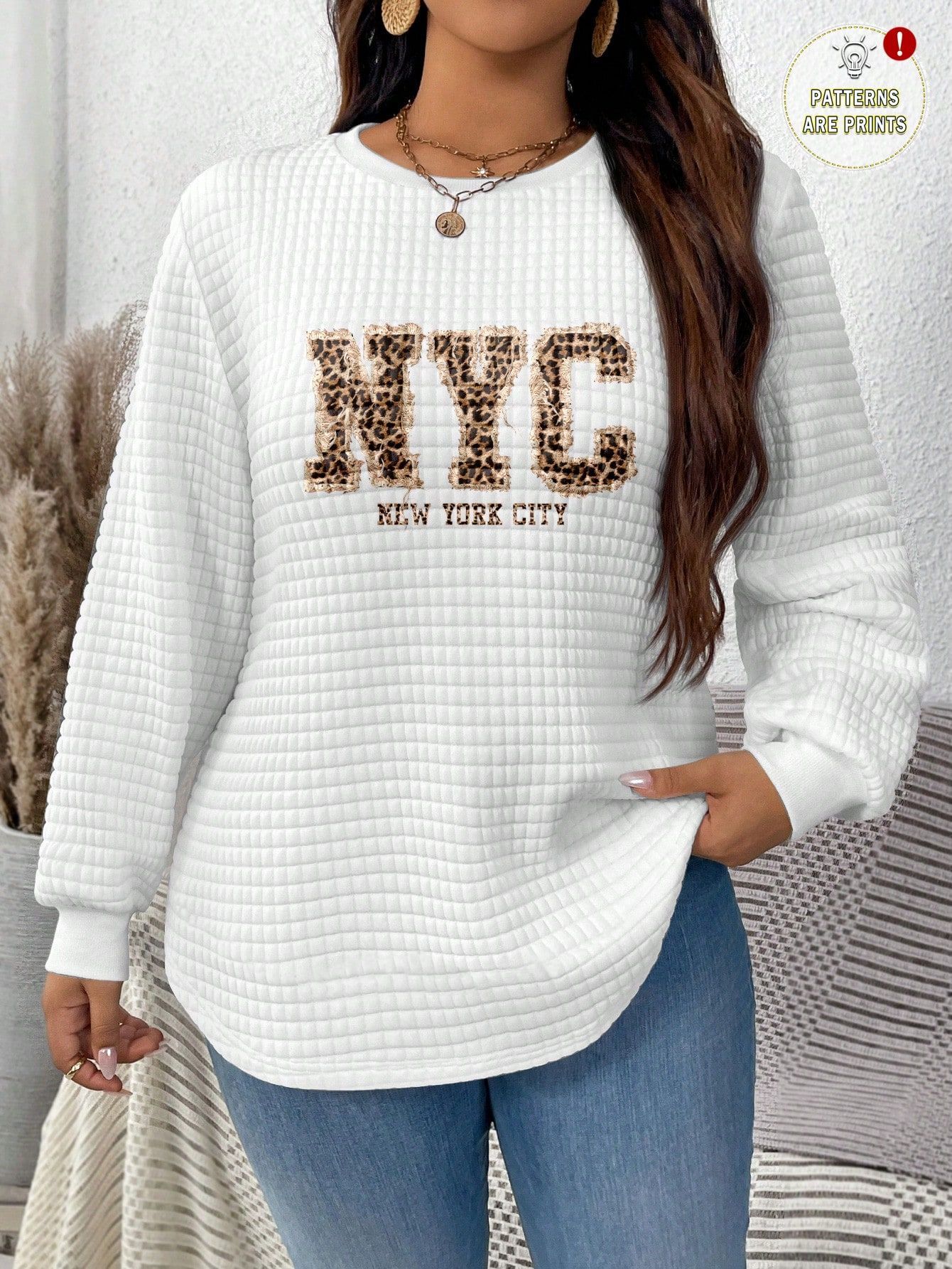 Waffle Knit Heart Print Crewneck Sweatshirt for Women