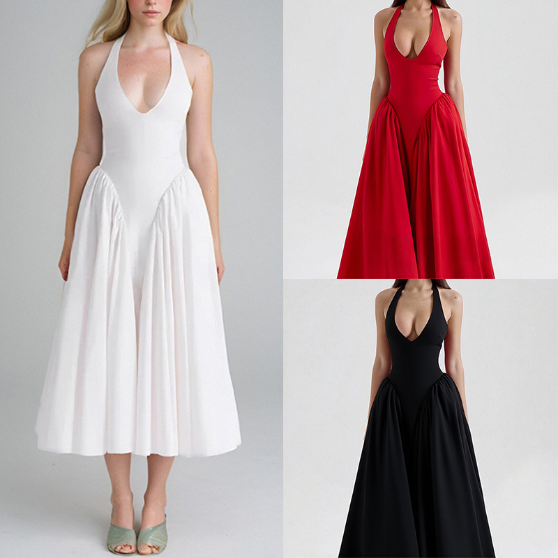 Women's Halter V-Neck Pleated A-Line Midi Dress