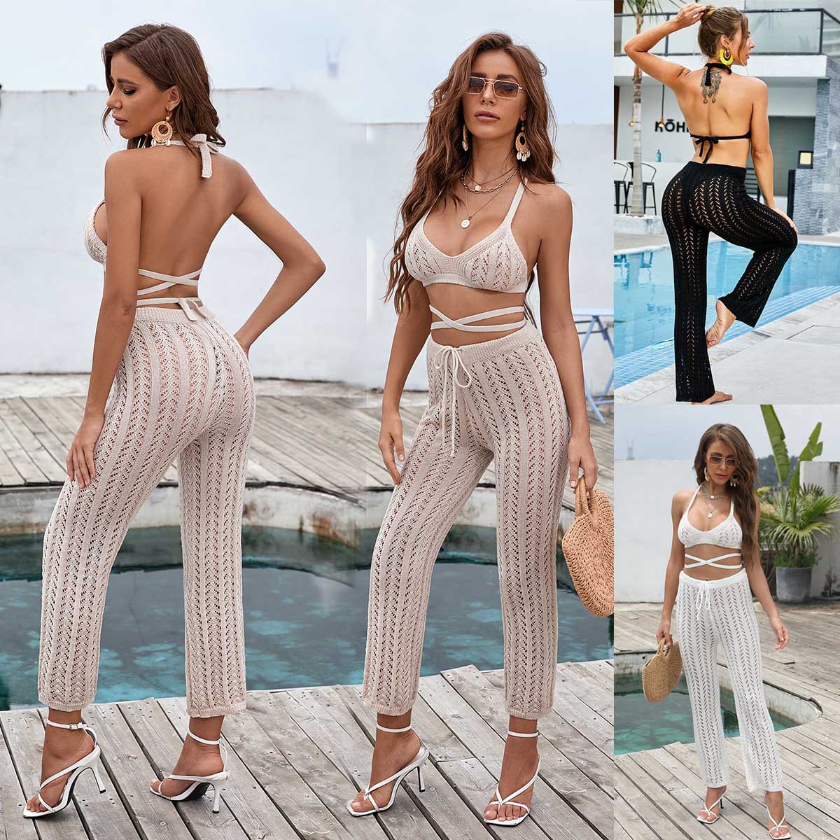 Cutout Bikini Set with Top and Pants Sexy Lace-Up Two-Piece Swimwear for Women