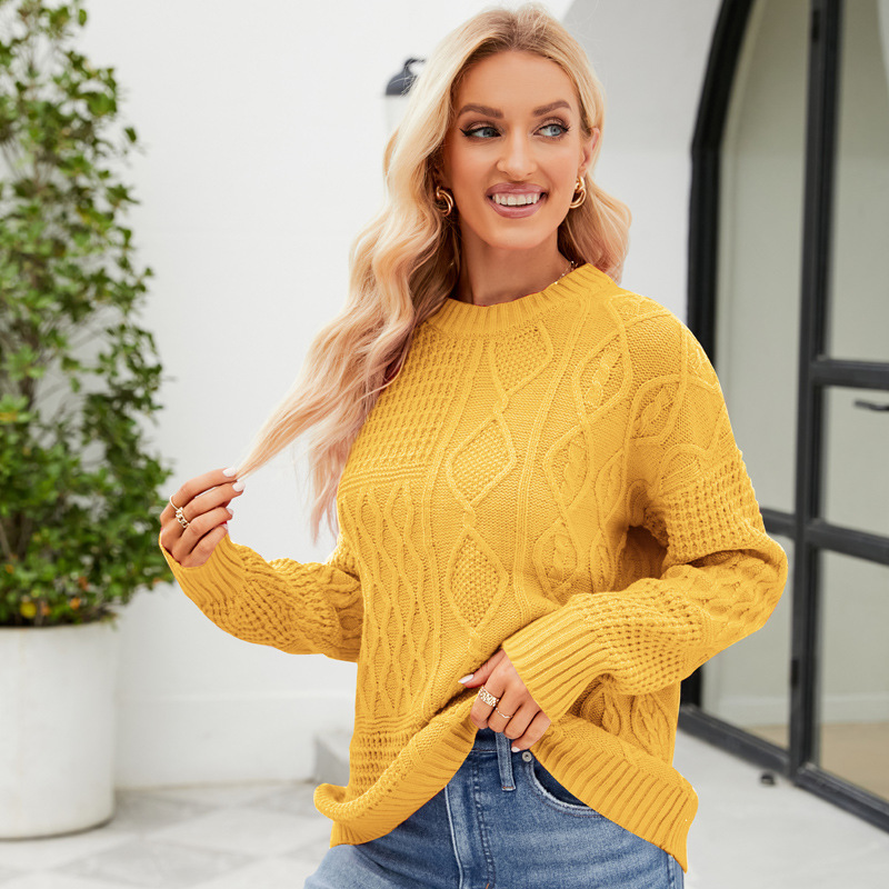 Cable-Knit Solid Crewneck Pullover Sweater Loose Fit