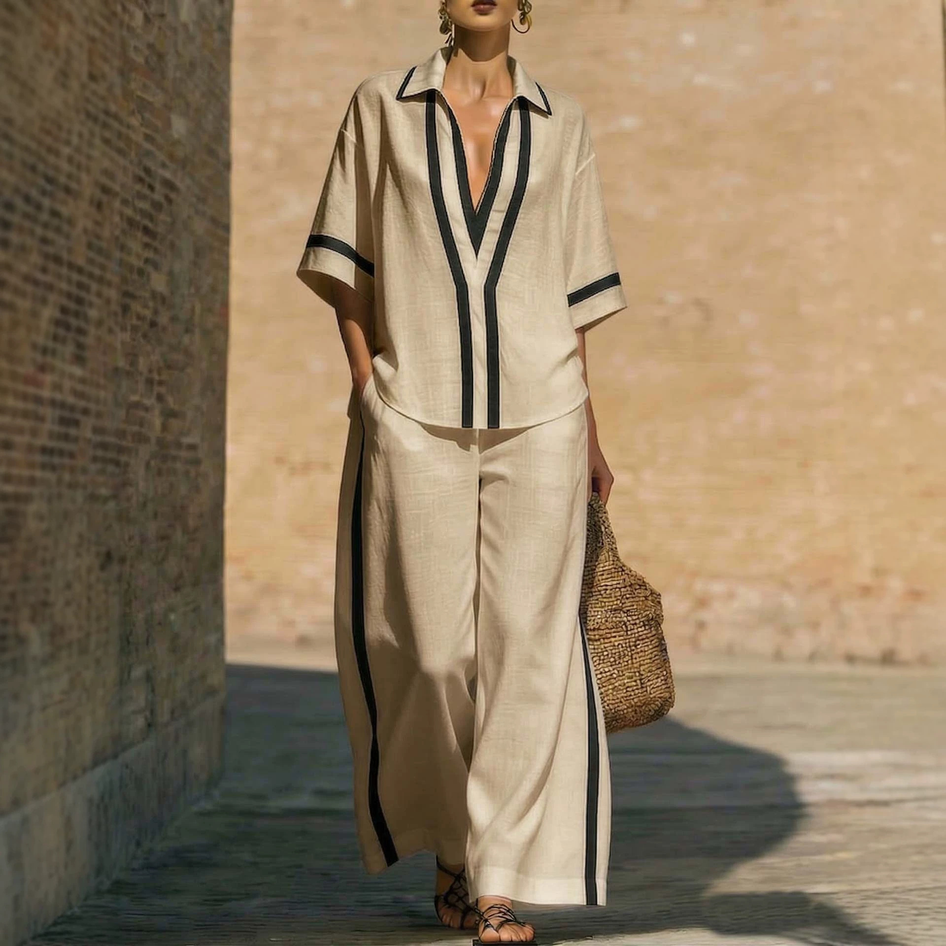 V-Neck Colorblock Shirt & Pants Set