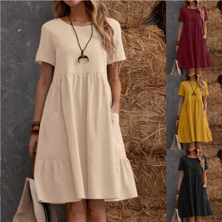 Women's Vintage Loose Solid Crewneck Cotton Dress with Pockets