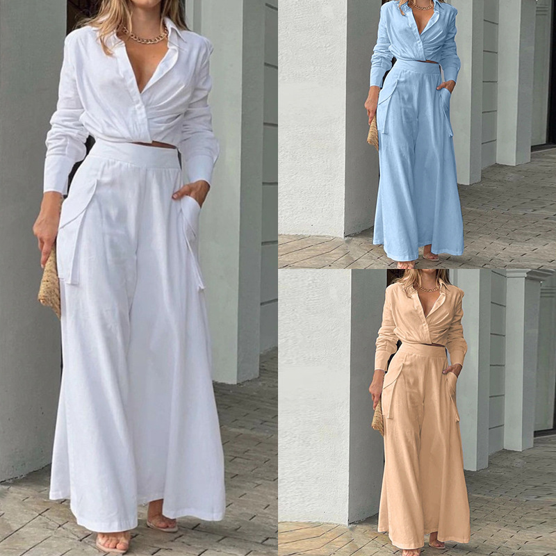 Women's Solid Color Lapel Slim Fit Two-Piece Pants Set