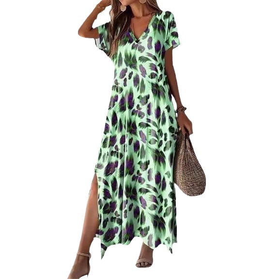 Women's Casual V-Neck Split Short Sleeve Dress with Digital Print