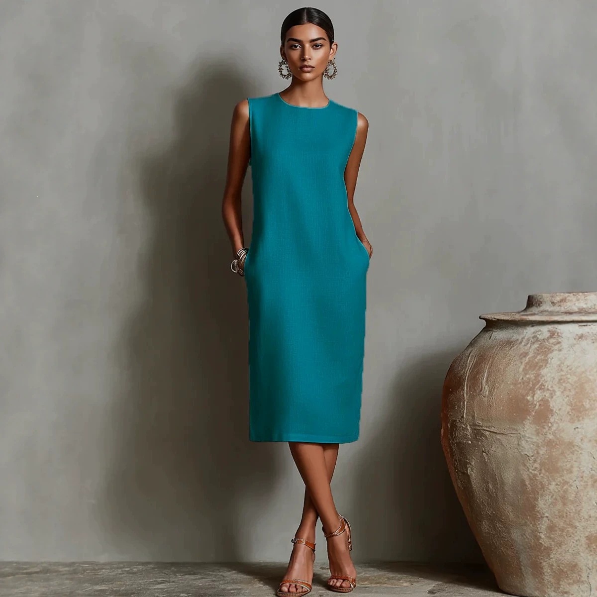 Sleeveless Round Neck Side Pocket A-Line Midi Dress