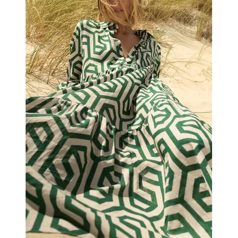 Women's Long Sleeve Polo Collar Green Geometric Print Shirt Dress