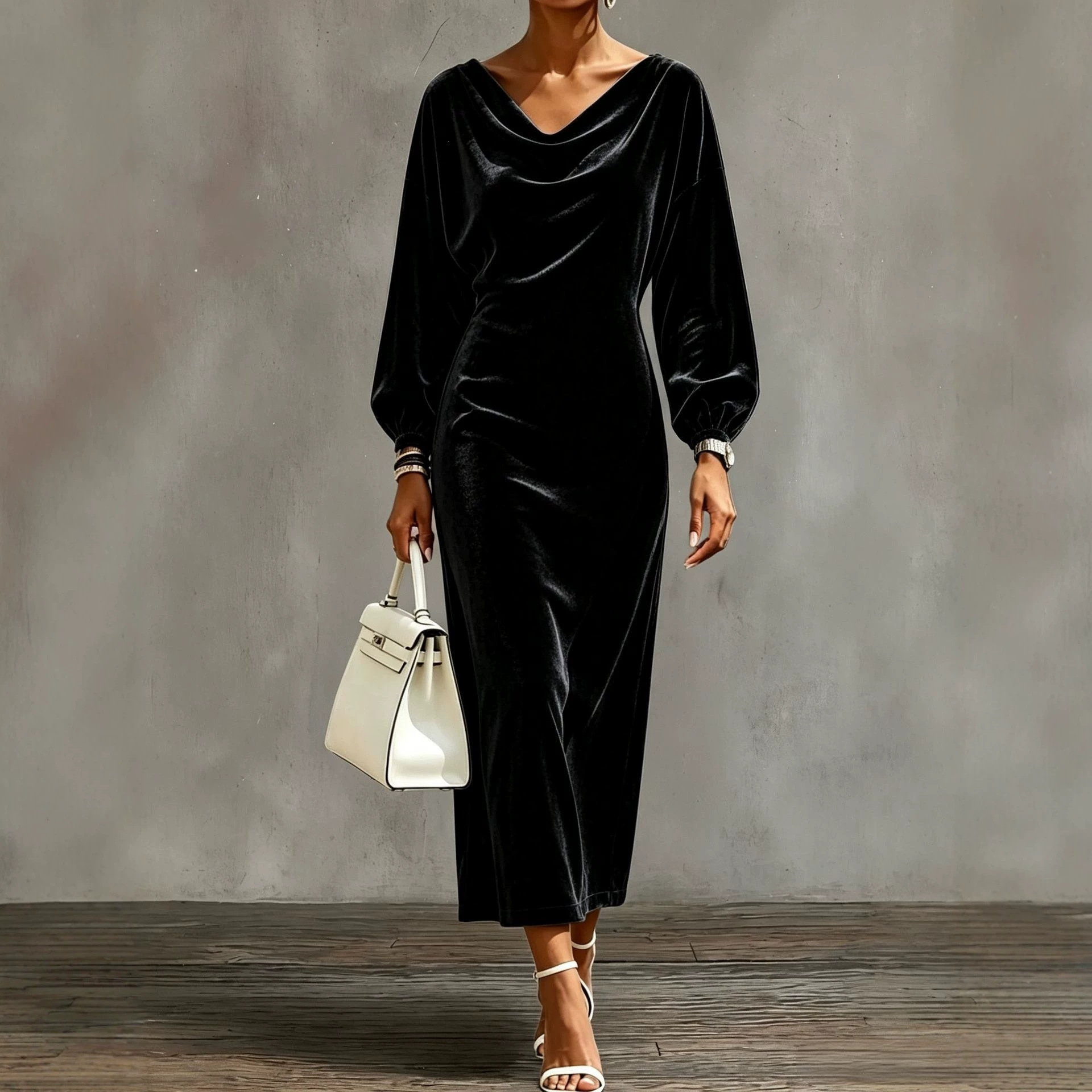 Solid Velvet Cowl Neck Slim Fit Long Sleeve Dress