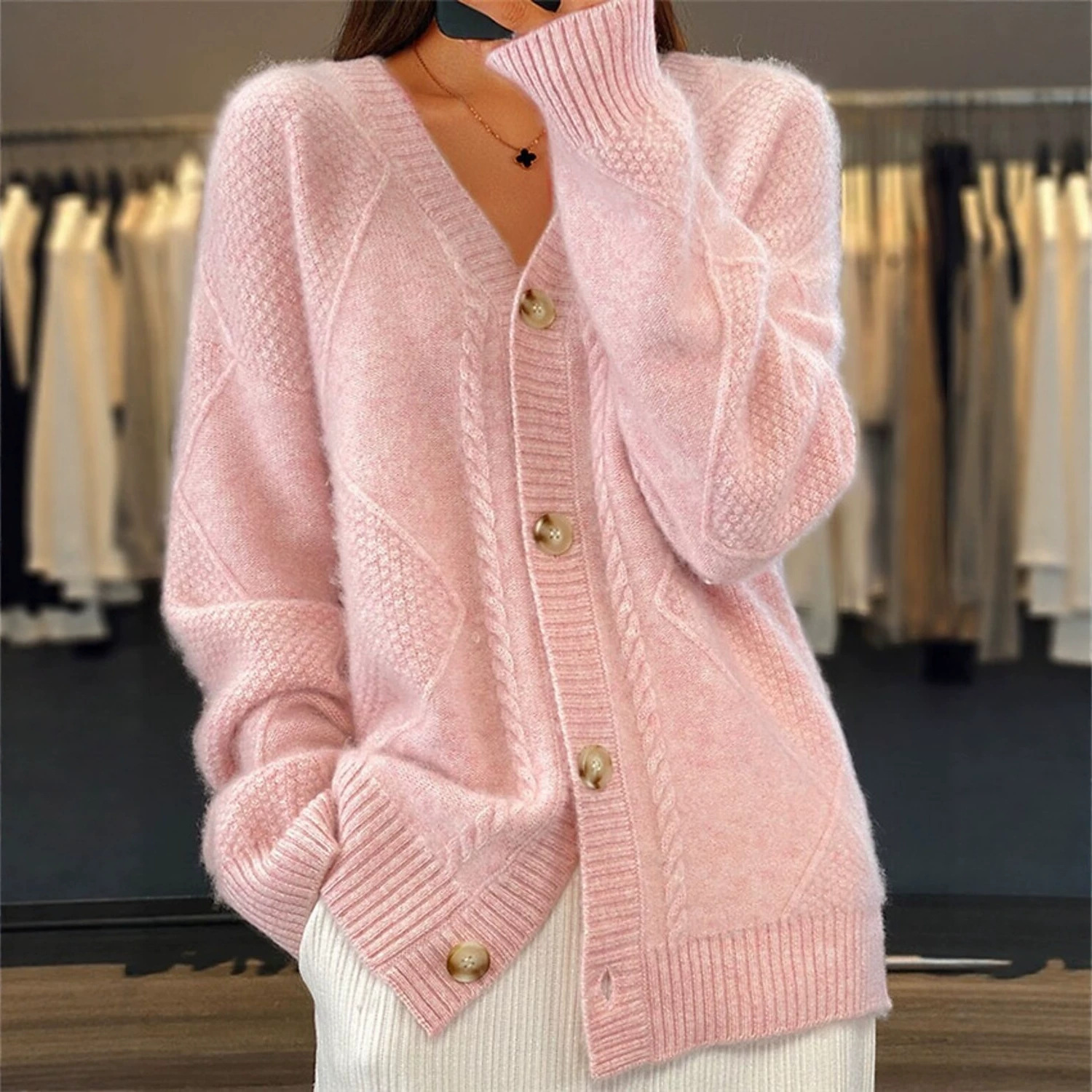 Solid V-Neck Button-Front Knit Cardigan Long Sleeve Women's