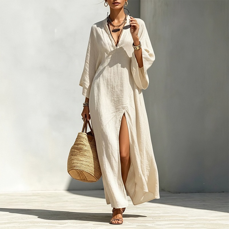Women's Summer Batwing Sleeve Dress V-Neck High Waist Slit Long Dress
