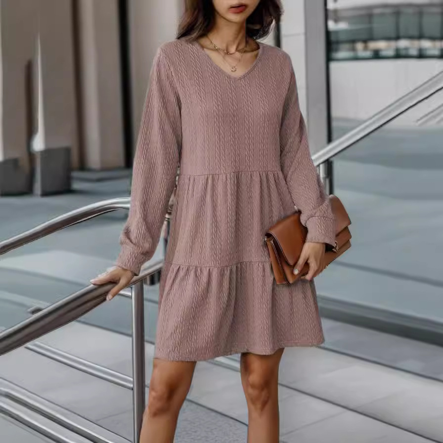 V-Neck Colorblock Long-Sleeve Loose Dress