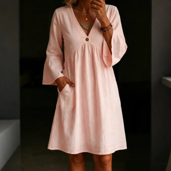 Women's Solid V-Neck Bell Sleeve Loose Vintage Dress
