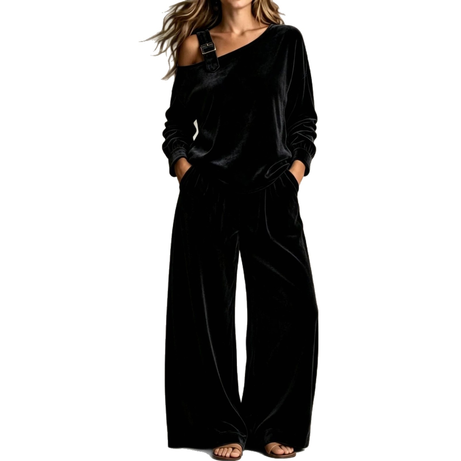 Women's Velvet One-Shoulder Two-Piece Pants Set Casual Loungewear