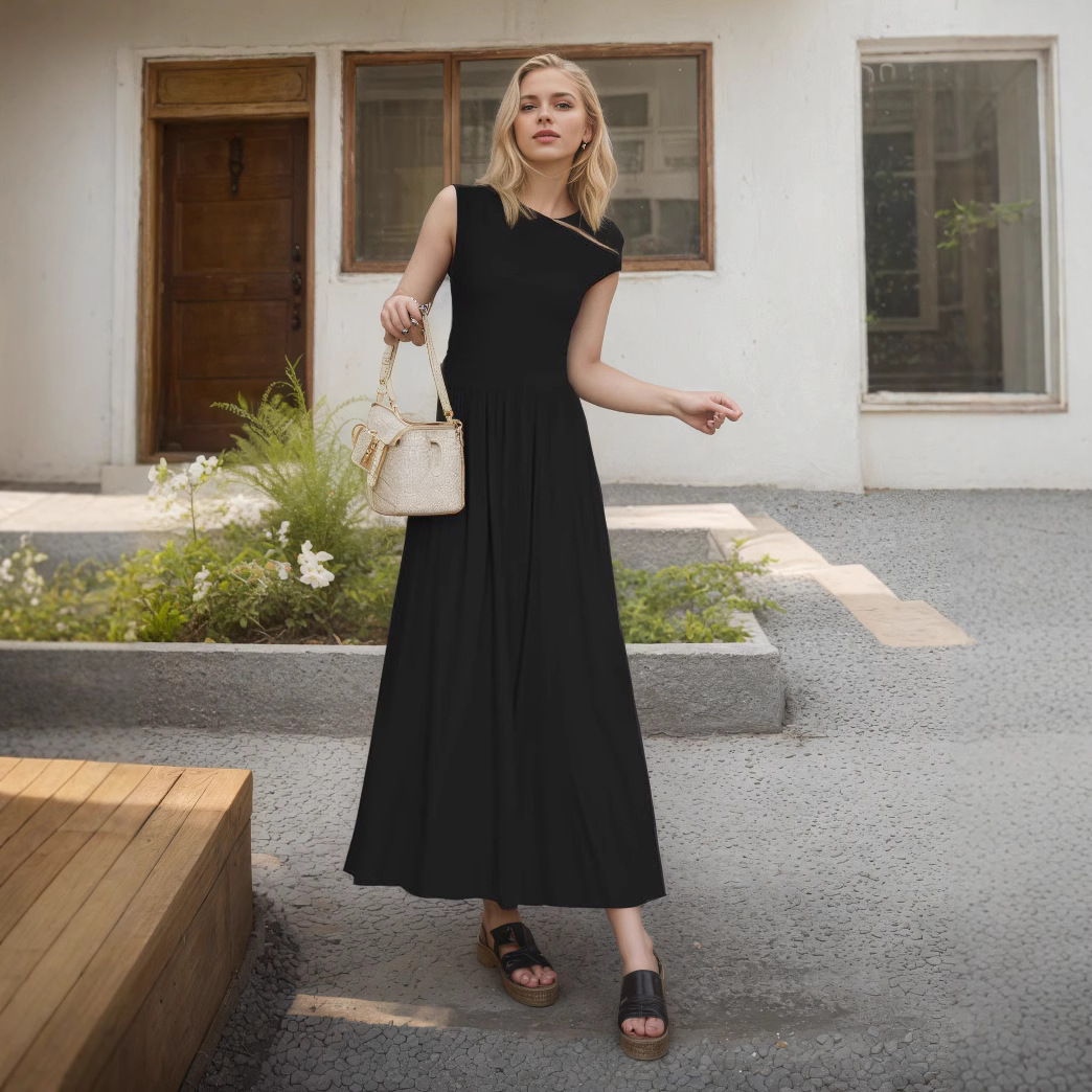 Women's One-Shoulder Pocket Dress Slim Sleeveless A-Line Midi