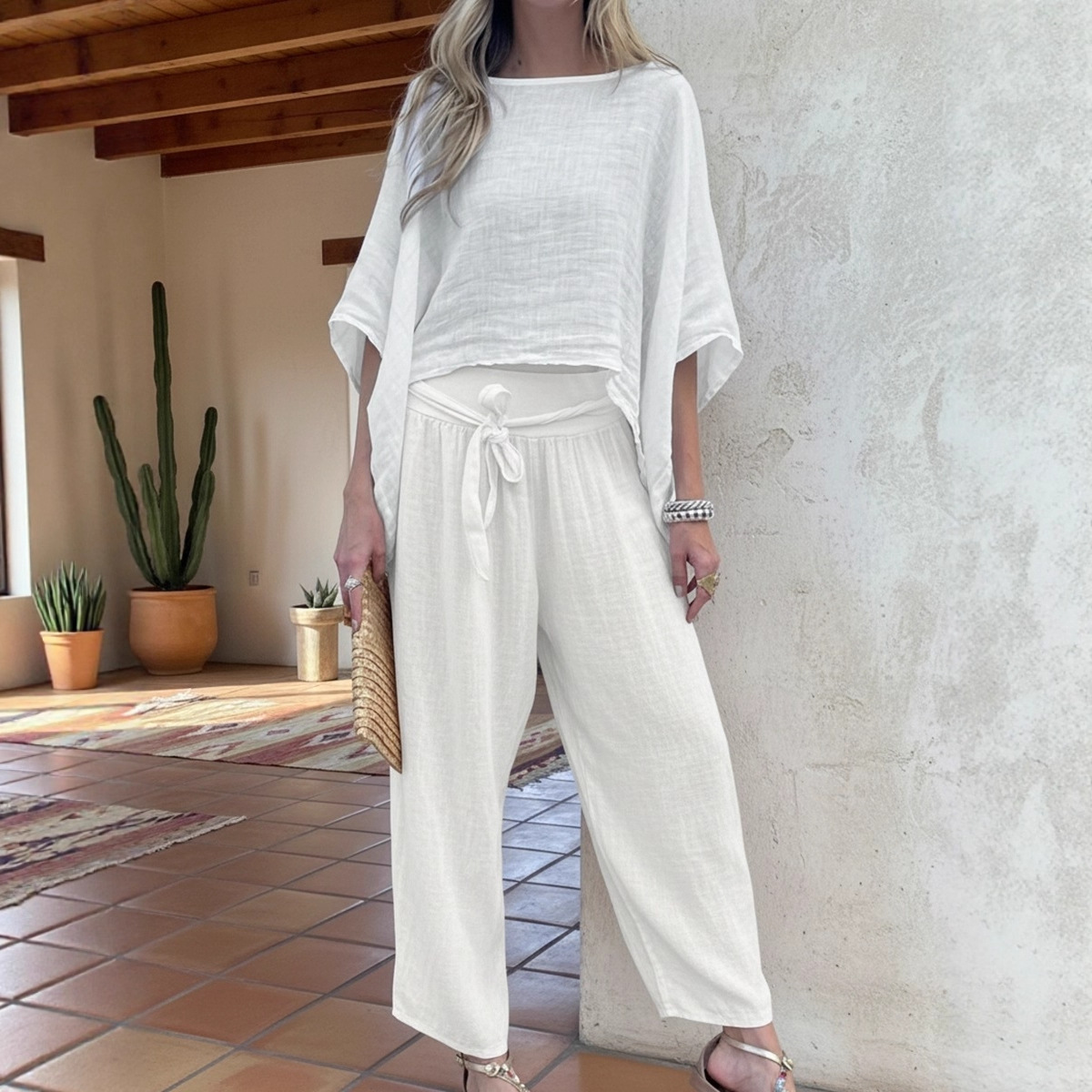 Women's Solid Color Tie Shirt and High-Waist Straight-Leg Pants Set