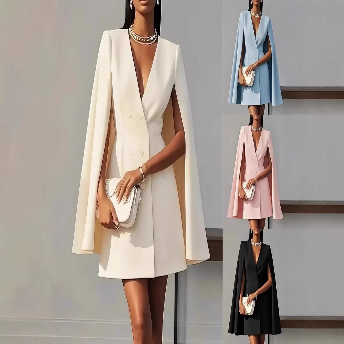 Double-Breasted Cape Blazer Dress Solid Color