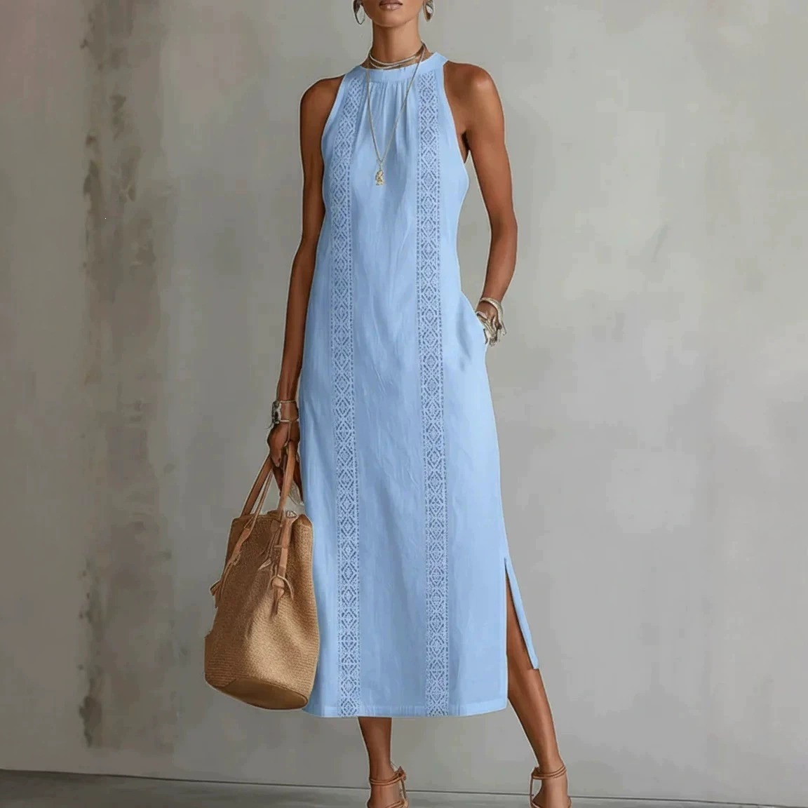 Women's Solid Color Sleeveless Round Neck Long Dress