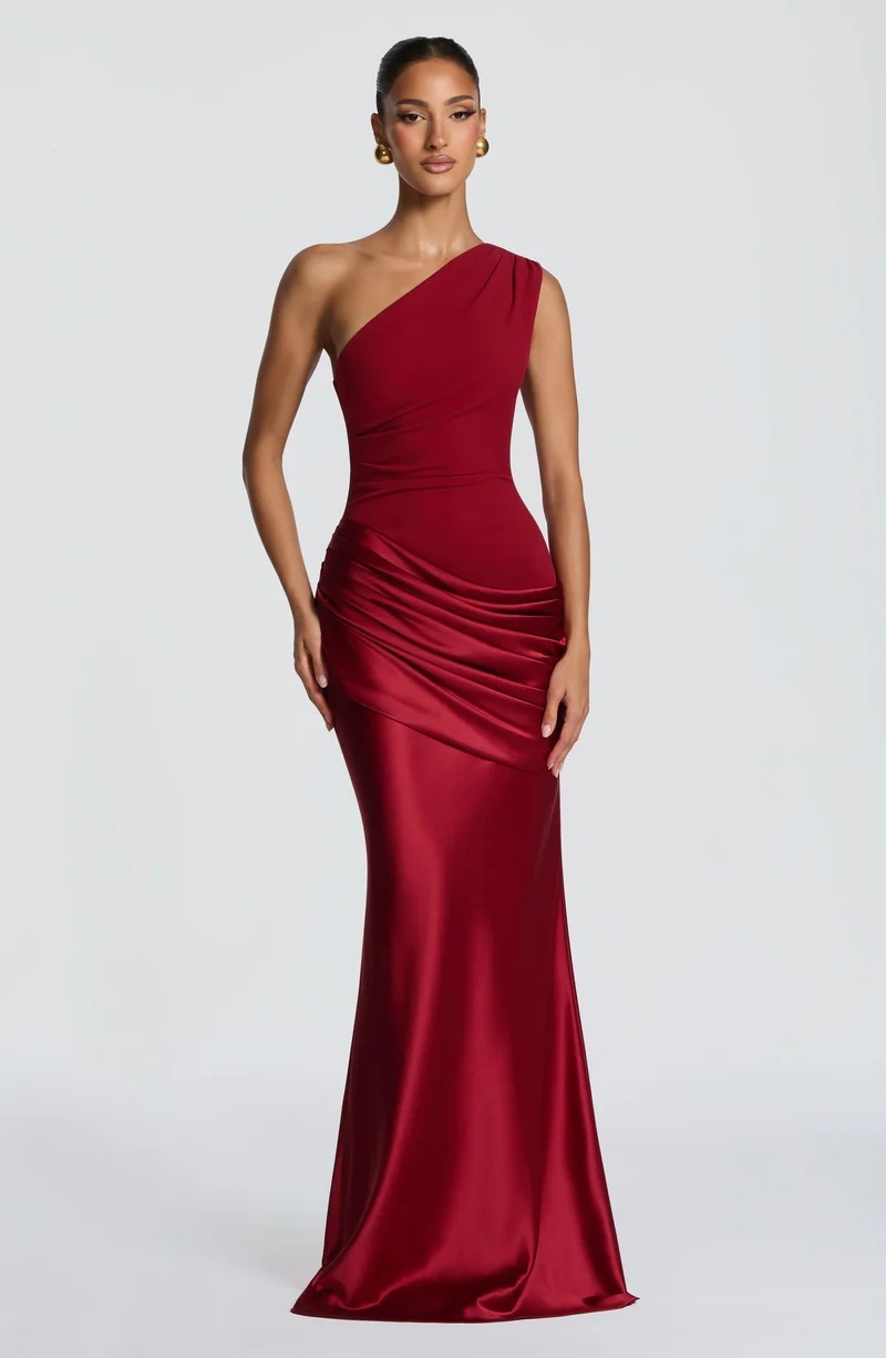 One-Shoulder Ruched Satin Bodycon Maxi Dress
