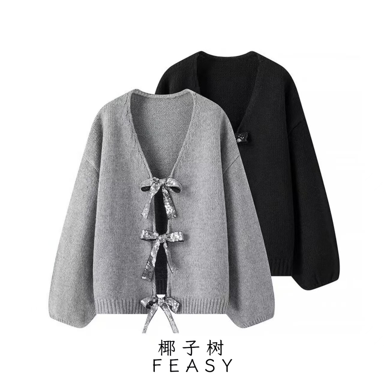 Sequin Bow Knit Cardigan Sweater