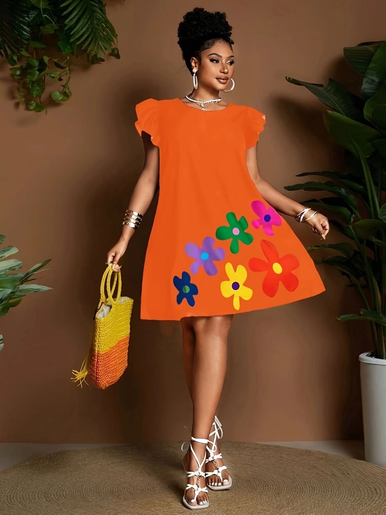Women's Floral Print A-Line Dress with Round Neck and Ruffle Sleeves