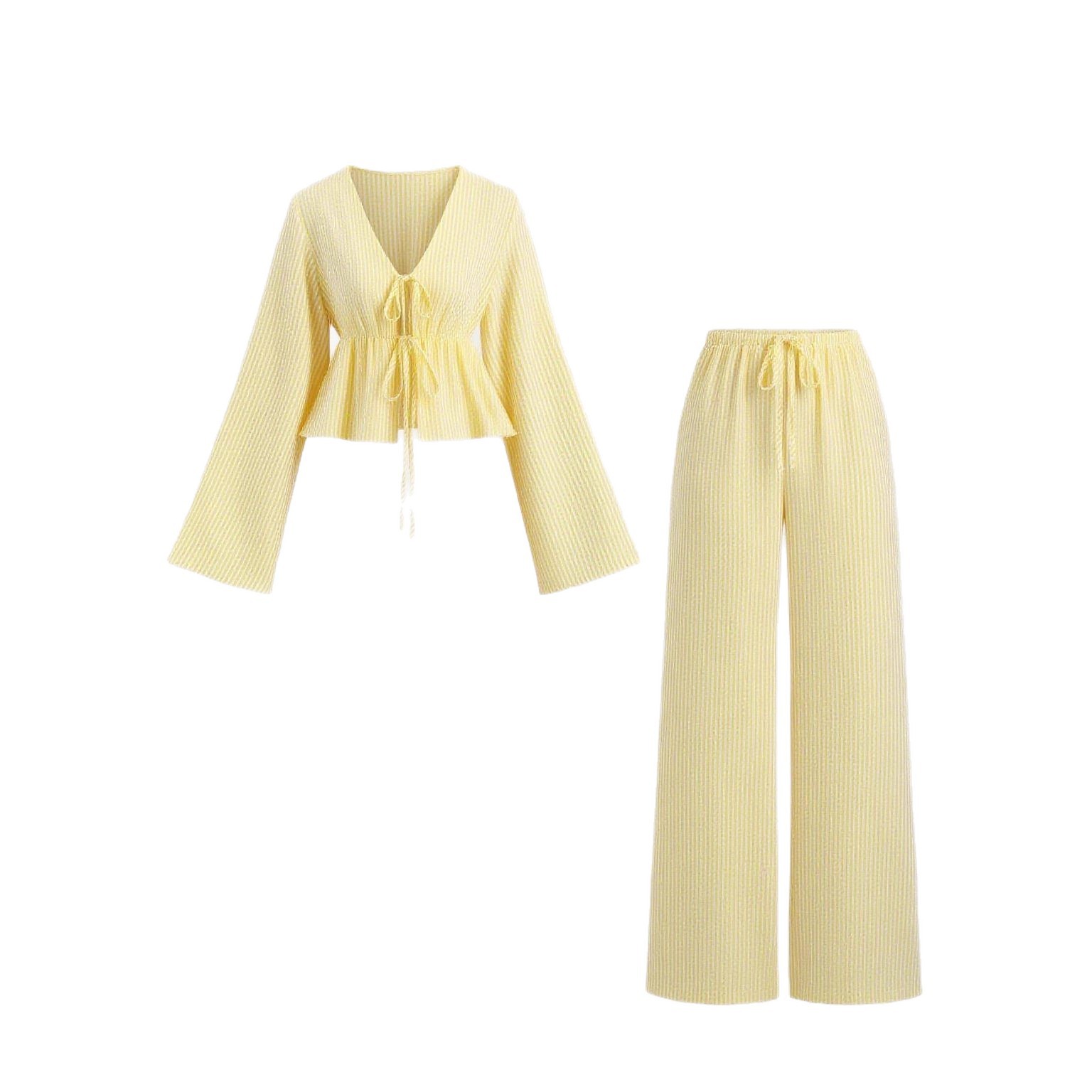 Striped Tie-Front Long-Sleeve Two-Piece Pants Set