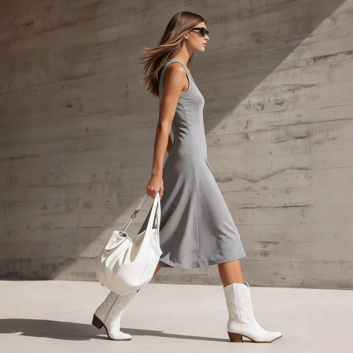 Women's Loose Fit Vintage Athletic Tank A-Line Midi Dress Light Gray