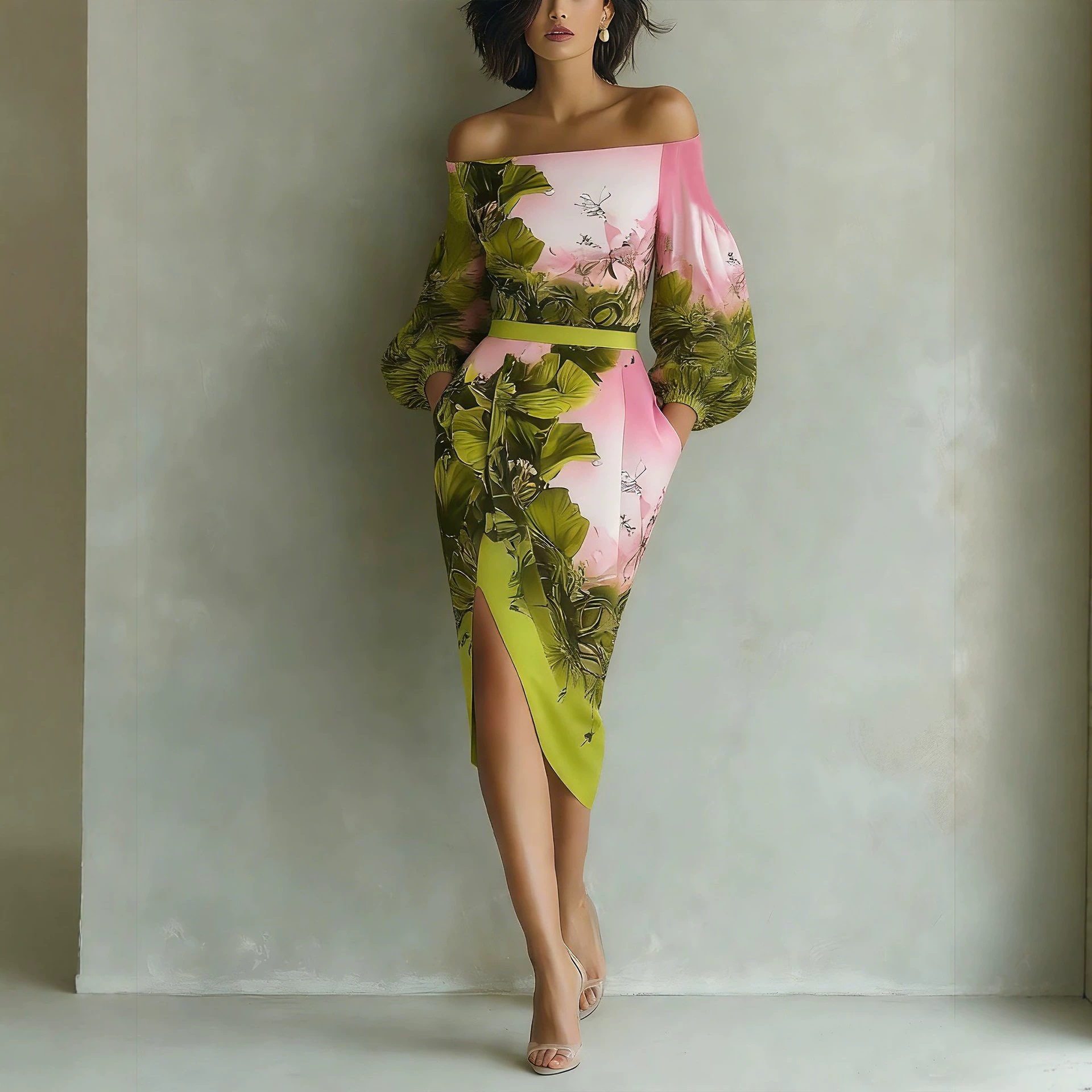 Off-Shoulder Floral Print Midi Dress with Puff Sleeves and Slit
