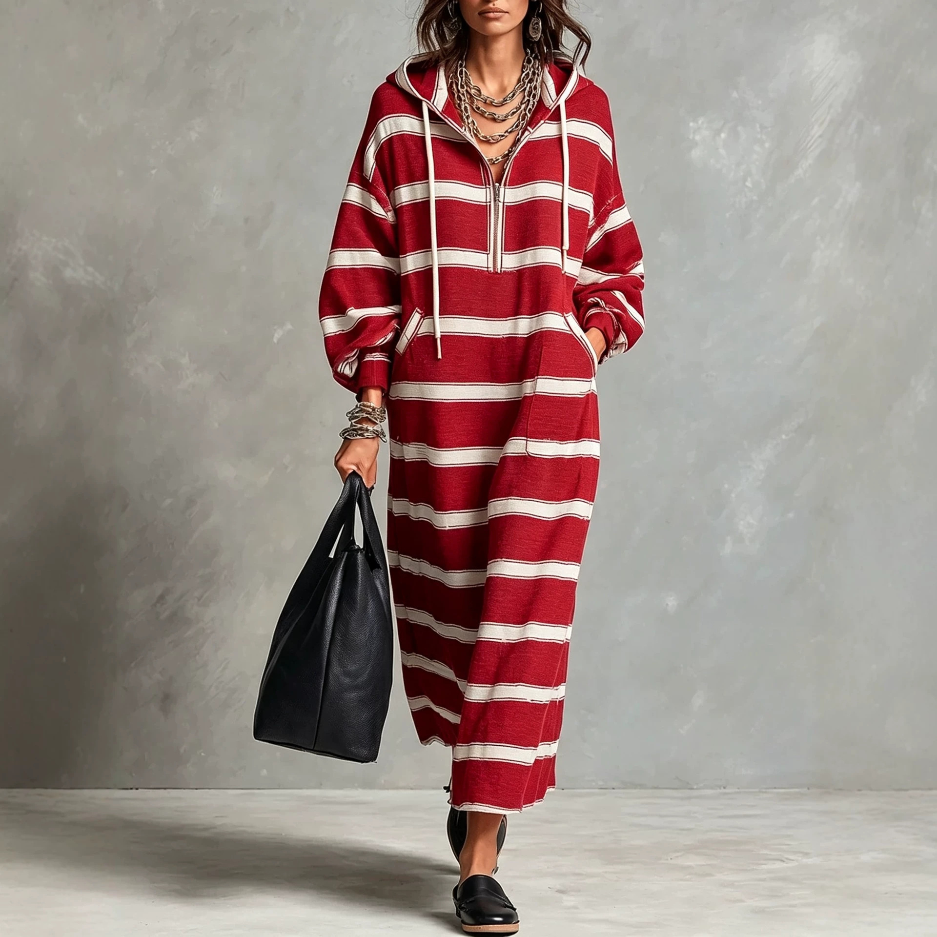 Hooded Half-Zip Loose Plus-Size Print Long Sweatshirt Dress