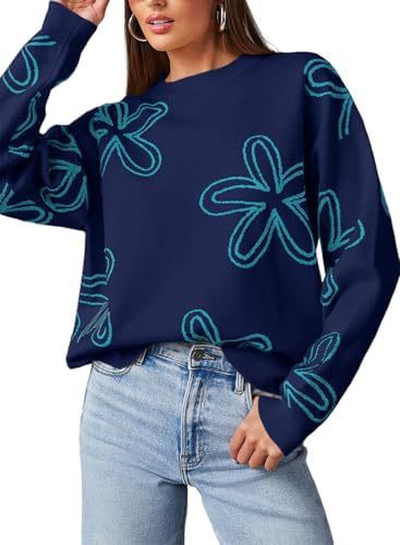 Women's Floral Print Chunky Knit Crewneck Long Sleeve Pullover Sweater