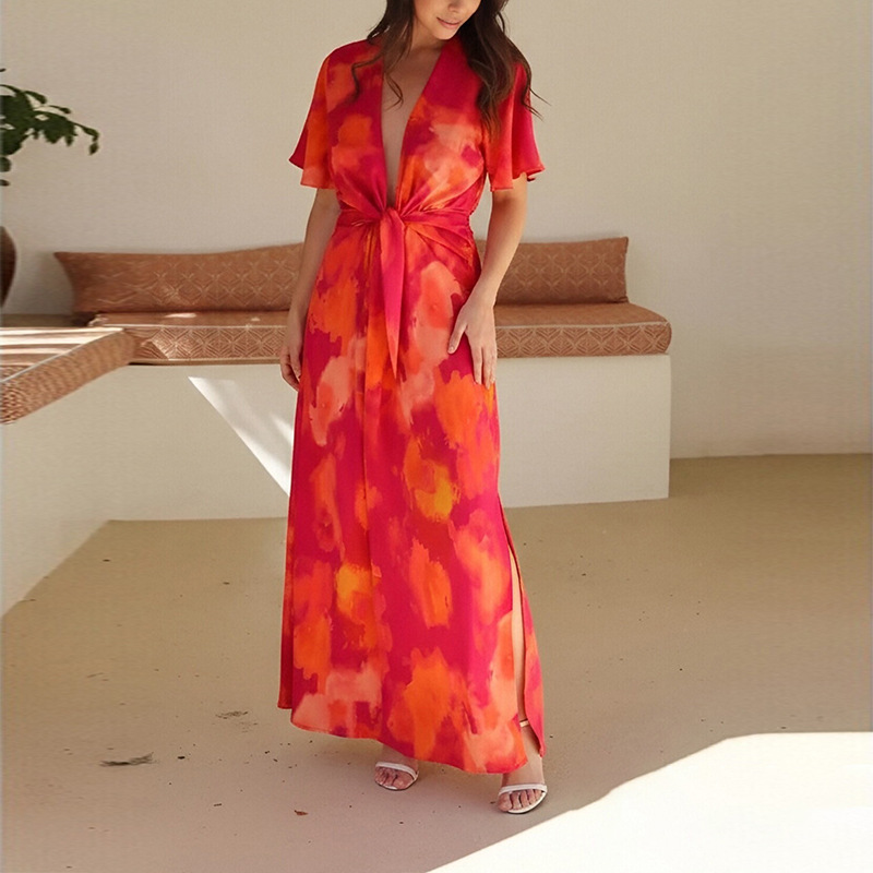 Floral French-Style Long Dress with Deep V-Neck and High Waist