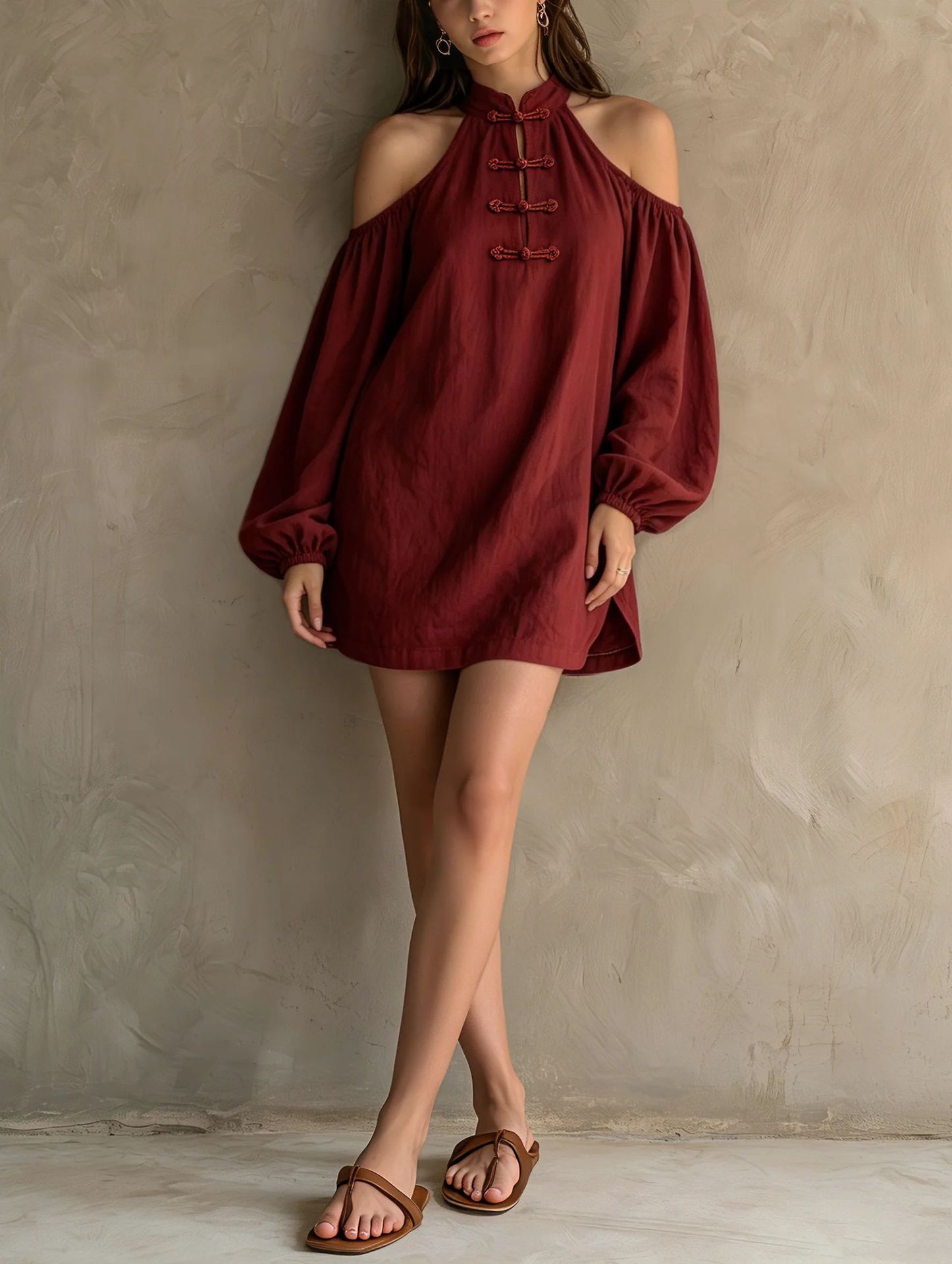 Women's Off-Shoulder Long Sleeve Solid Color Loose Cotton Linen Dress