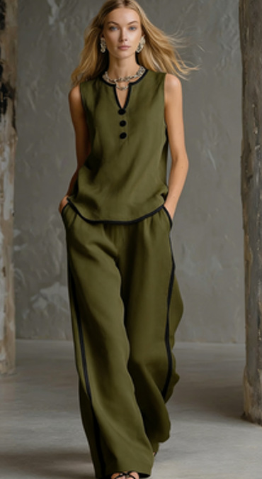 Sleeveless V-Neck Colorblock Top & Wide-Leg Pants Set