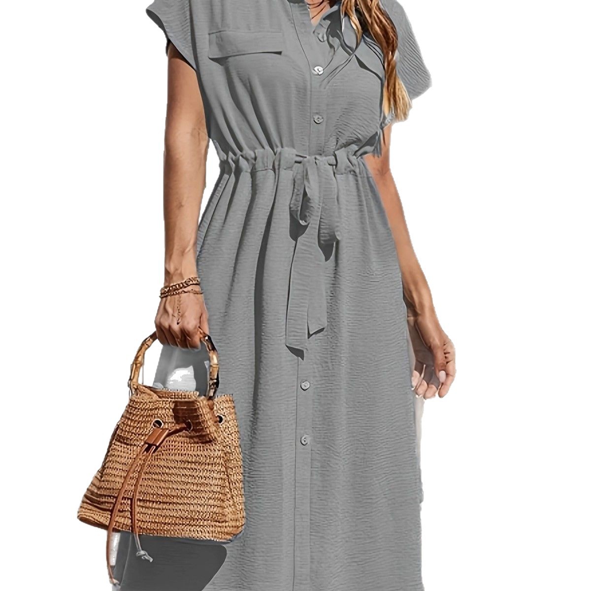 Women's Tie-Waist Polo Shirt Dress Short Sleeve A-Line Midi
