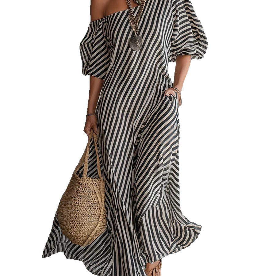 Striped Off-Shoulder Long Dress Casual Vacation Loose Fit