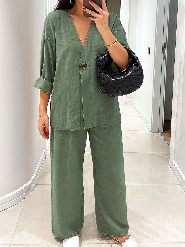 Women's Casual V-Neck One-Button Cardigan and Pants Set